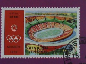 SHARJAH-STAMP:- 1972-   OLYMPIC MUNIVH'72 - STADIUM - CTO AIR MAIL S/S SHEET NH