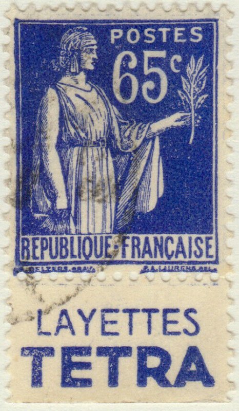 FRANCE - 1937 Pub LAYETTES TETRA sur Yv.365b 65c Paix obl.