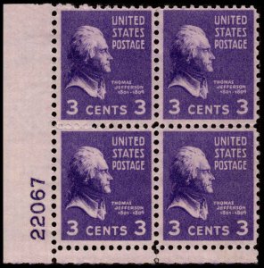 US #807 JEFFERSON MNH LL PLATE BLOCK #22067