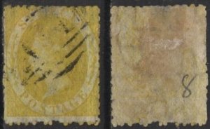 Saint Lucia 12 (used, perf 14, rough edges) 4p Victoria, yellow (1864)