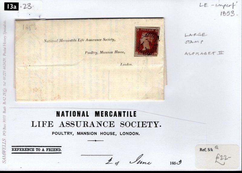 GB 1d Red Imperf Cover LARGE STAMP ALPHABET II Printed Insurance EL 1853 13a.23