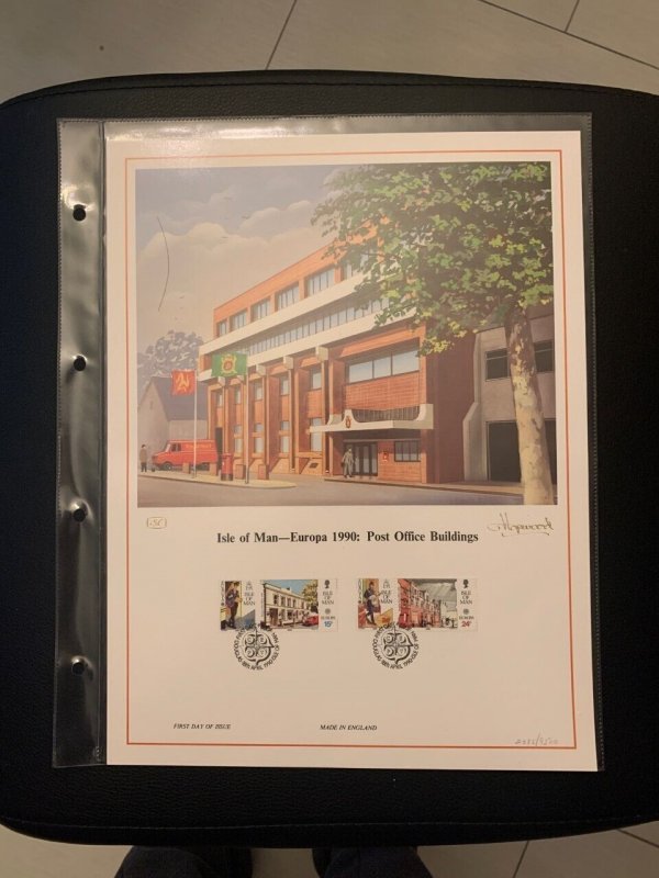 Isle of Man Europa 1990 post office buildings FDC panel big size, plastic holder