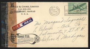 Hawaii USA 1943 WWII Censor Territorial Airmail DC10 20c Cover 109160