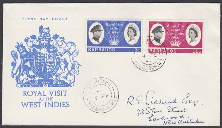 BARBADOS 1966 Royal Visit FDC - ST JOSEPH village cds to Australia..........U260