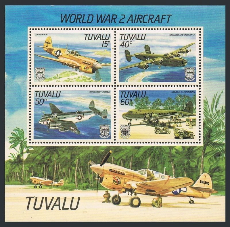 Tuvalu 310a, MNH. Mi Bl.9. World War II Aircraft,1985. Curtis,Liberator,Lockheed