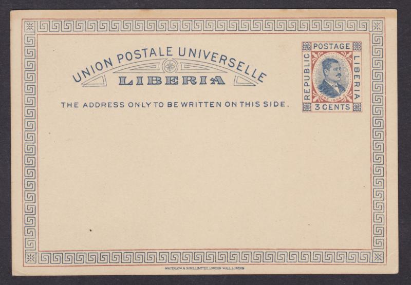 Liberia H&G 4 mint 1892 3c Pres. Benson Postal Card