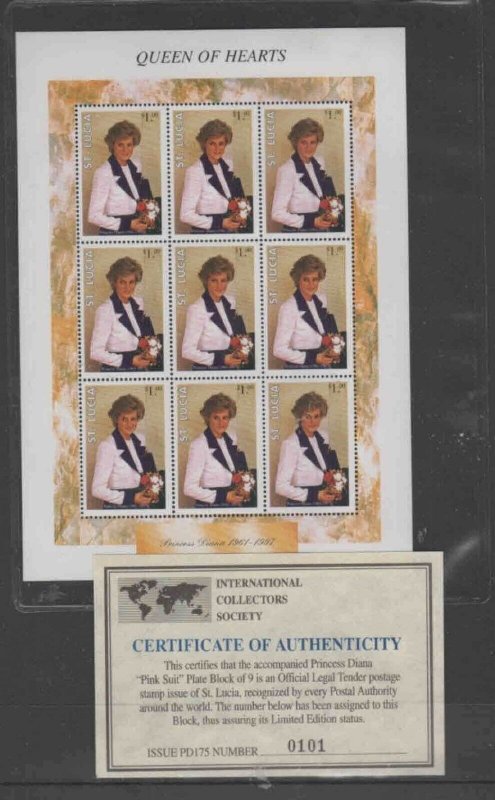 ST. LUCIA #1084 1998 PRINCESS DIANA MINT VF NH O.G SHT9 W/CERT. 