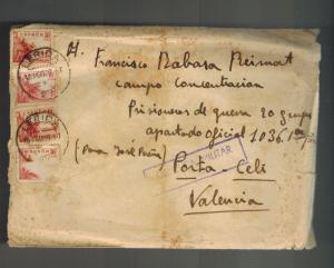 1939 Lerida Spain to Portaceli Internment camp cover Francisco Riermort