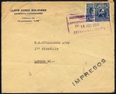 Bolivia 1938 cover to London bearing 10c plus 10c bisect ...