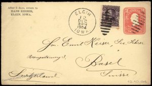 USA 1904 Elgin Iowa Switzerland Transatlantic Cover Upfranked Postal Stati 81923