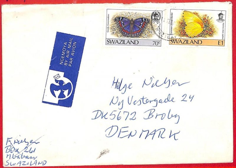 aa3167 - SWAZILAND  - POSTAL HISTORY -  COVER  to DENMARK  1990's BUTTERFLIES