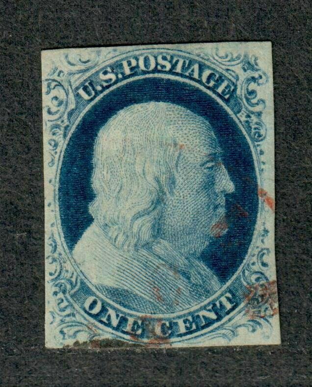 US Sc#9 Used/F-VF+, Face Free Red Cancel, Cv. $135