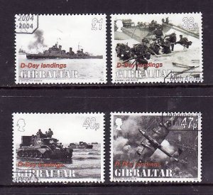 Gibraltar-Sc#976-9-used set-WWII-D-Day-Planes-Ships-2004-small hinge remnant on