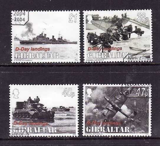 Gibraltar-Sc#976-9-used set-WWII-D-Day-Planes-Ships-2004-small hinge remnant on