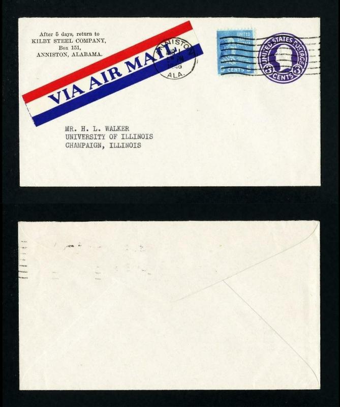 Air Mail Cover from Kilby Steel, Anniston, AL to Champaign, IL dated 8-1-1946