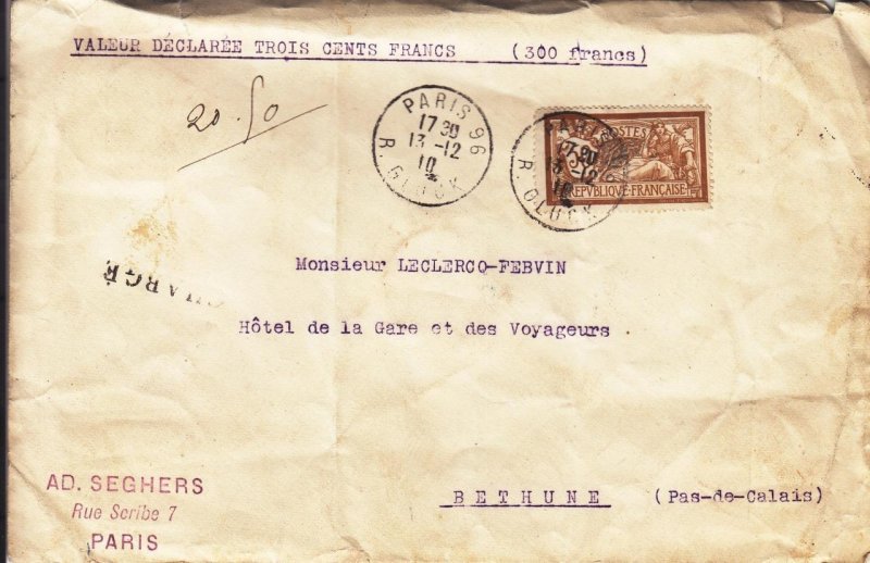 1910, Paris to Bethune, France, Large Envelope (27401)