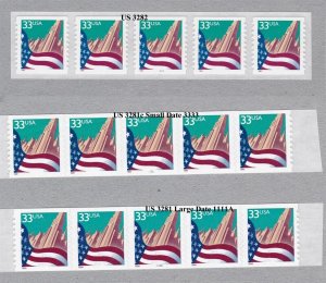 PNC5 33c Flag US #3281 Large Date, US #3281c Small Date, 3282 Spaces Lot 3 MNH