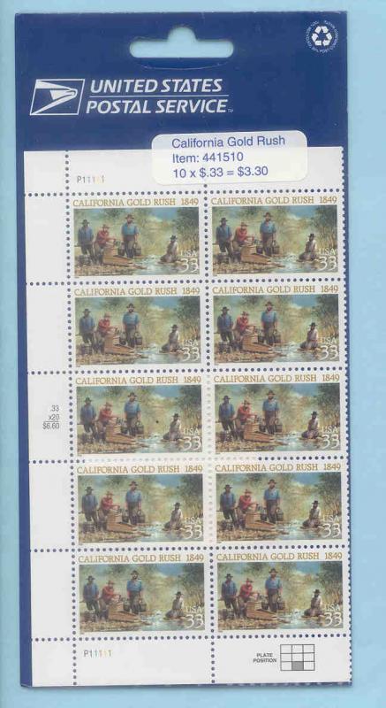 3316 33c California Gold Rush, 1/2 sht of 10, start < $FV