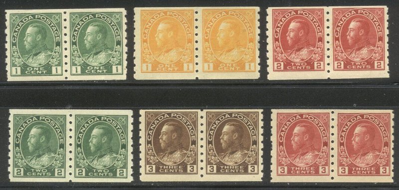 CANADA #125-30 Mint NHx PAIRS - 1912-24 K G V Coils