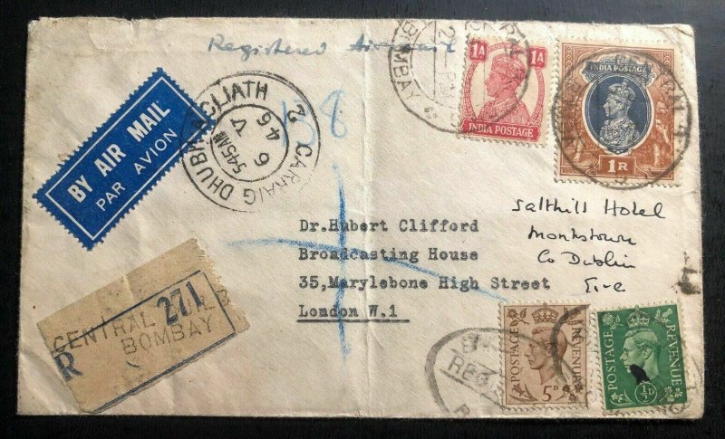 1946 Bombay India Airmail Cover To London England Redirected To Dublin Ireland