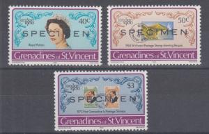 St. Vincent Grenadines Sc 187-189 MNH. 1980 London Philex, cplt, SPECIMEN ovpts