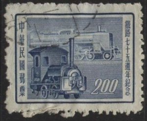 China 1141 (used, wrinkled) $2 Chinese railroads, 75th anniv., blue (1956)