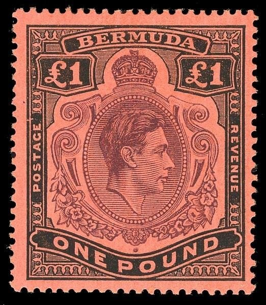 Bermuda 1943 KGVI £1 Row 1/1 SHADING OMITTED FROM TOP RIGHT SCROLL mlh. SG 121cb