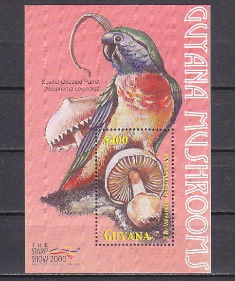 Guyana, Scott cat. 3521. Mushroom s/sheet. Parrot in Selvage.