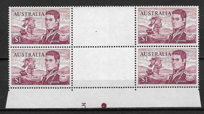 1966 Australia 415 $1  Matthew finders gutter block of 4 with plate # MNH