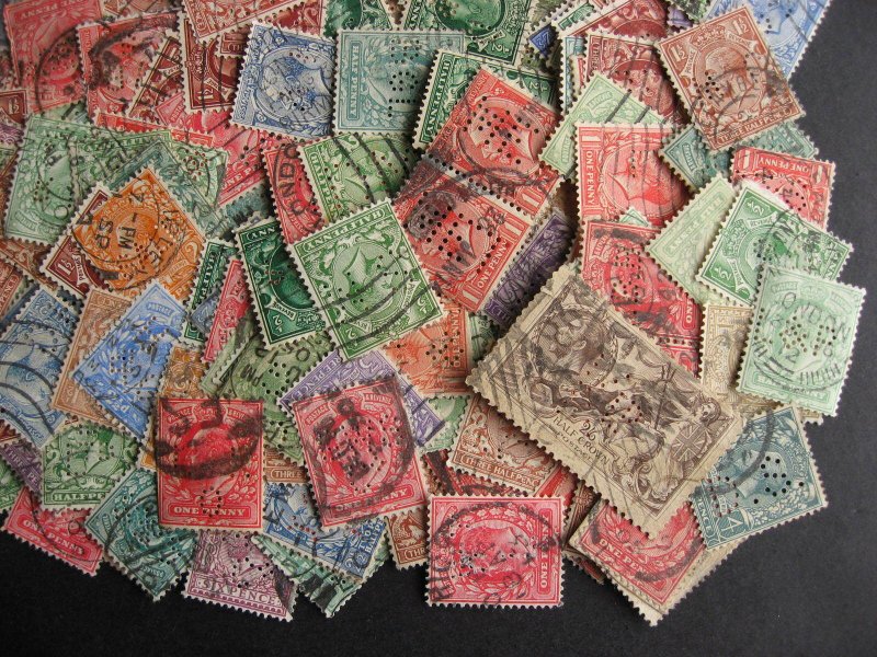 Great Britain 300 perfins KEVII, KGV era mixture (duplicates, mixed condition)