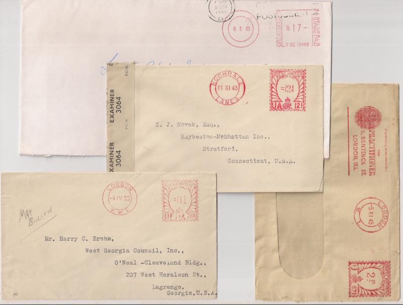 GREAT BRITAIN: METER STAMP LOT; SIX decades incl one CENSORED, mostly covers VF+