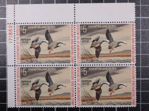 Scott RW39 1972 $5.00 Duck Stamp MNH Plate Block UL 171862 SCV - $125.00