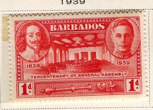 BARBADOS; 1939 early GVI Tercentenary issue Mint hinged 1d. value