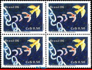 2047 BRAZIL 1986 AMNESTY INTL., 25th ANNIV., BIRDS, JUSTICE RHM C-1511 BLOCK MNH