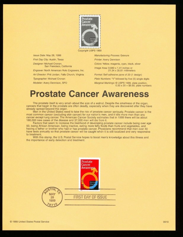 USA Scott 3315 -  Souvenir Page SP1312  #9919 - PROSTATE CANCER - 1999