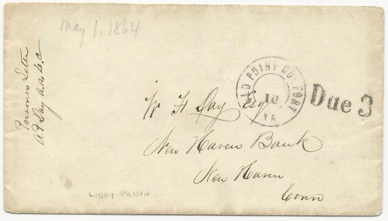 CSA POW Cover Libby Prison South-to-North Old Point Comfort, VA Due 3 Handstamp