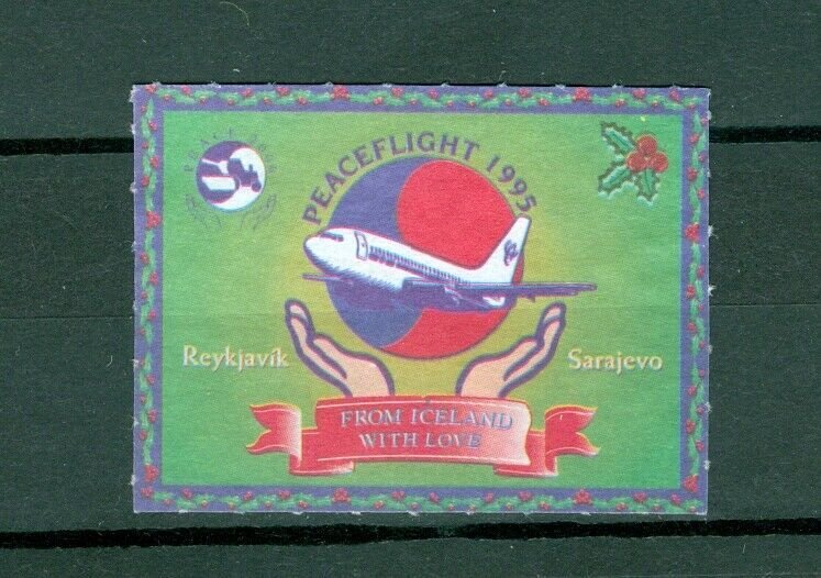 Iceland. Poster Stamp 1995. Peace Flight. Reykjavik-Sarajevo. Airplane.