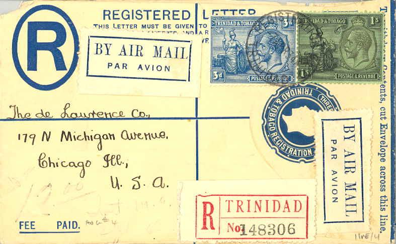 Trinidad 3d and 1/- KGV and Britannia on 3d KGV Registration Envelope 1934 Re...