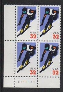 1998 Alpine Skiing Plate Block of 4 32c Postage Stamps, Sc# 3180, MNH, OG