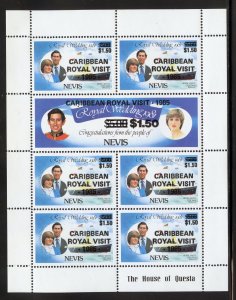 Nevis 453-54 MNH, Caribbean Royal Visit Overprinted Sheetlet from 1985.