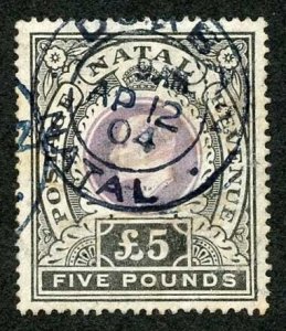 Natal SG144 5 pounds Mauve and Black Postage Revenue Cleaned with Fake Pmk