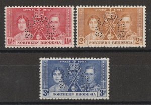 NORTHERN RHODESIA 1937 KGVI Coronation set 1½d-3d, perf SPECIMEN. MNH **.