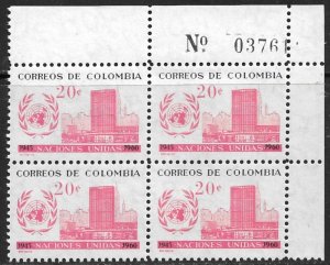 COLOMBIA 1960 UN ANNIVERSARY Issue SHEET NO. Block of 4 Sc 724 MNH