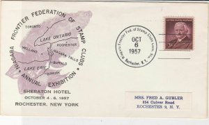 U.S. 1957 Frontier Fed of Stamp Clubs Annual Ex. N.Y. Map Illust Cover Ref 37681