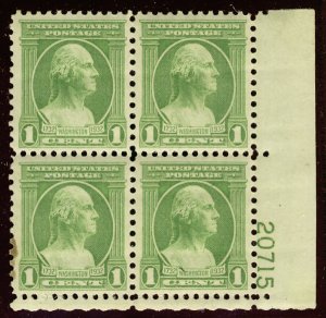 US #705 Plate Block, VF/XF mint  lightly hinged, 1c Washington, near perfectl...