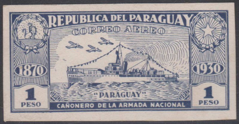 PARAGUAY 1931 GUNBOAT Sc C40 DARK BLUE IMPERF PLATE PROOF CHALKY SURFACE CARD