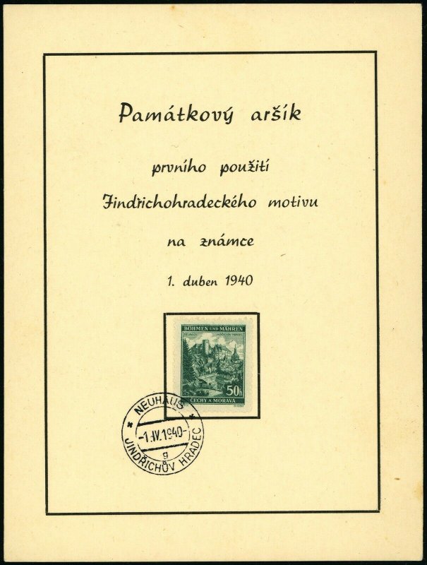 WWII Occupied Czechoslovakia First Use Jindřichův Hradec on Stamp Souvenir Card