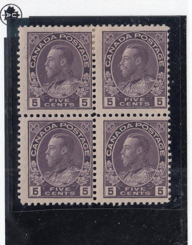 CANADA  # 112  FVF-2MNH/2H  5cts  KGV ADMIRAL BLOCK OF 4 VIOLET  CAT VALUE $160