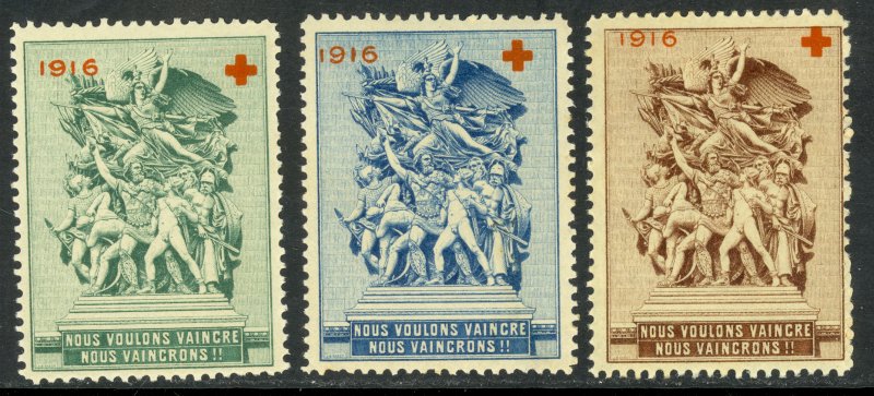 FRANCE 1916 WW1 PATRIOTIC RED CROSS Charity Stamps 3 Different 1MNG/2MLH