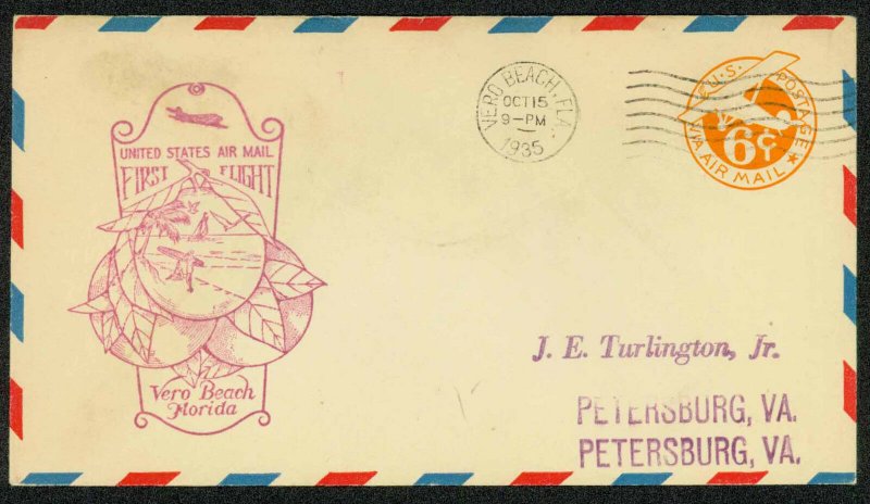 1935 FIRST FLIGHT AIR MAIL - VERO BEACH, FL TO PETERSBURG, VA - UC3 (ESP#1640)